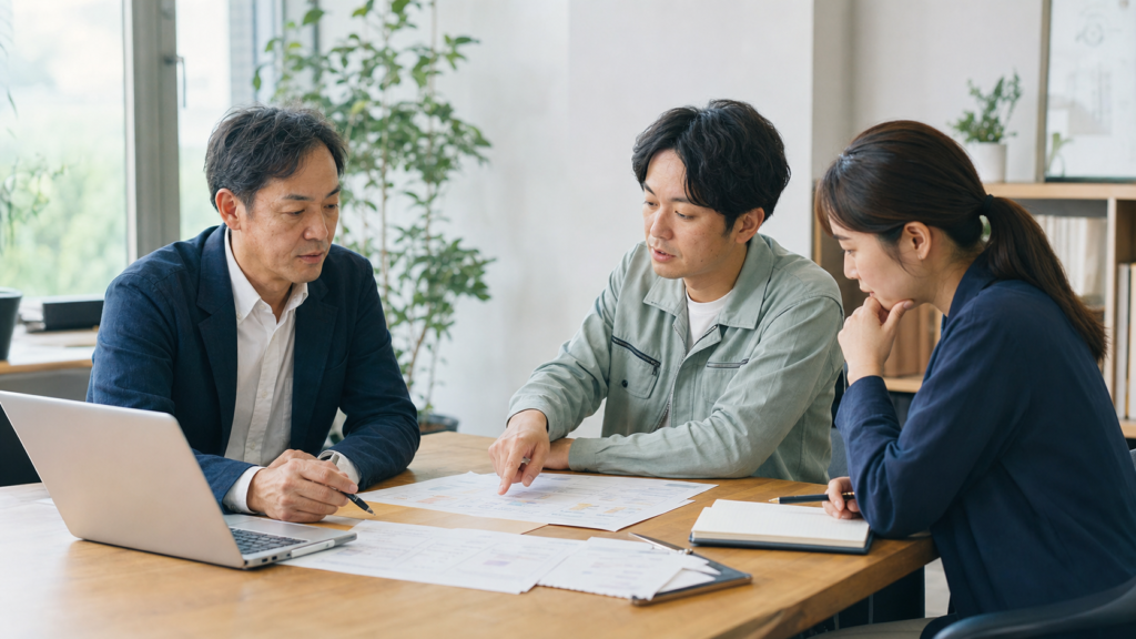 日本の中小企業で経営者と現場責任者、社員が育成計画と業務の整理を話し合う様子