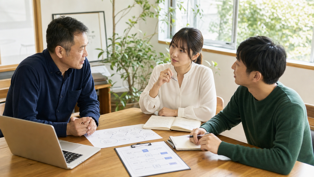人の仕事の分担を整理しながら対話する日本の中小企業チーム